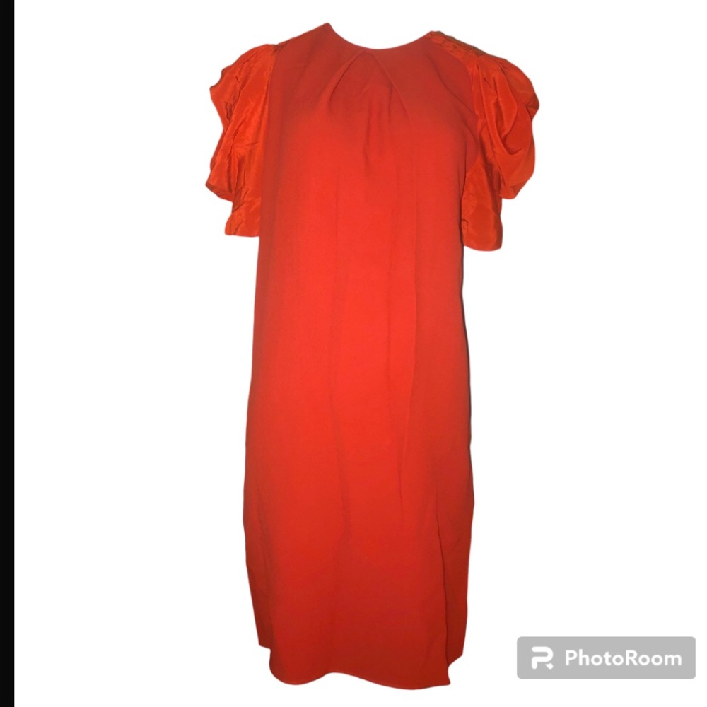 CHLOÈ Tomato Red Silk Shift Dress with Pintucked Statement Sleeeves SZ FR36 US4